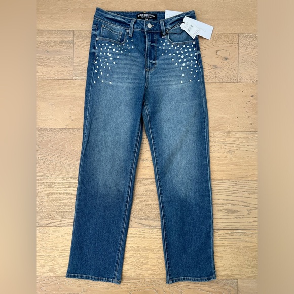 blue revival Denim - Embellished High-Rise Jeans Washed Denim Rhinestone Straight Jeans